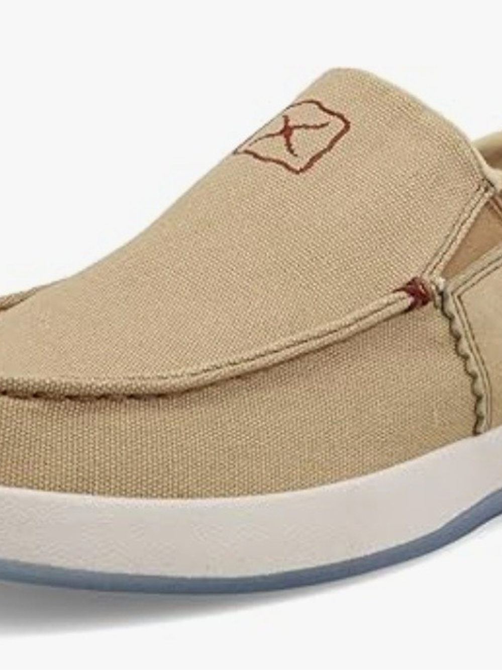 Twisted X Men's Slip-On Moc Toe Canvas Loafer - Tan with White Sole.
